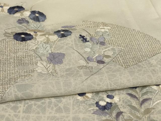 平和屋着物＊夏物　訪問着　絽　刺繍　扇面草花文　銀糸　五泉　反端付き　正絹　逸品　AABC6906jd