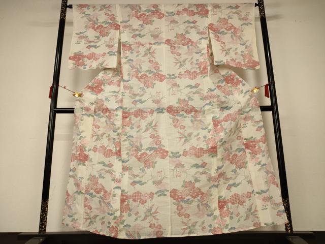 平和屋着物＊夏物 小千谷ちぢみ 花鳥文 麻 逸品 AABC6920jd