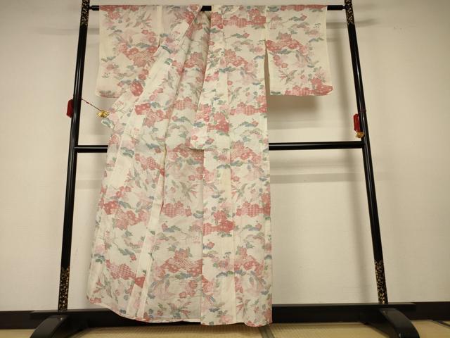 平和屋着物＊夏物 小千谷ちぢみ 花鳥文 麻 逸品 AABC6920jd