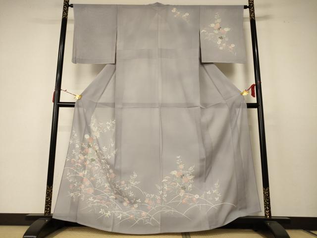 平和屋着物＊夏物 訪問着 絽 草花文 銀彩 正絹 逸品 AABC6933jd