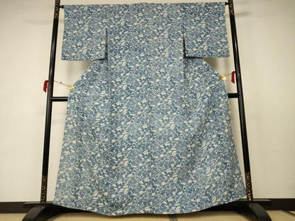 平和屋着物＊夏物 小紋 絽 藍 型染め 草花文 三越扱い 正絹 逸品 AABC6950jd