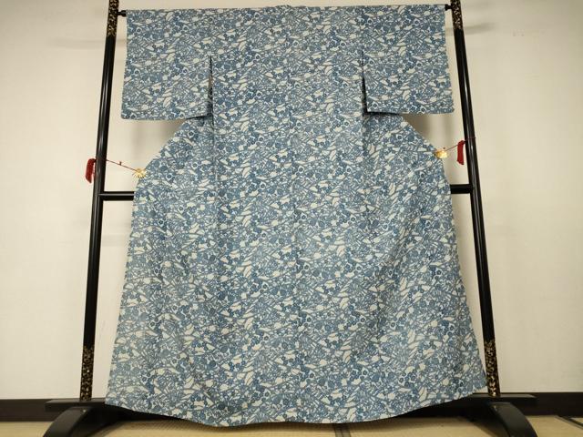 平和屋着物＊夏物 小紋 絽 藍 型染め 草花文 三越扱い 正絹 逸品 AABC6950jd