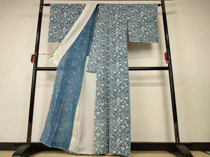 平和屋着物＊夏物 小紋 絽 藍 型染め 草花文 三越扱い 正絹 逸品 AABC6950jd