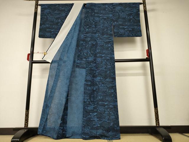平和屋着物＊夏物 小紋 紗 風景文 洗える着物 AABC6972jd