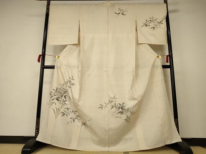 平和屋着物▽訪問着 単衣 紬地 手描き 草花文 正絹 逸品 AABC6987jd