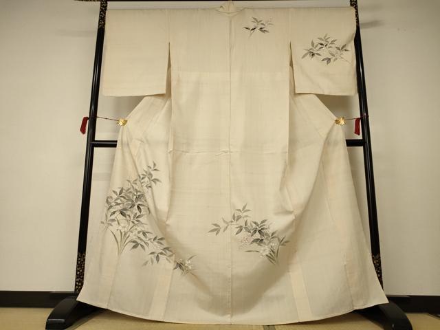 平和屋着物▽訪問着 単衣 紬地 手描き 草花文 正絹 逸品 AABC6987jd