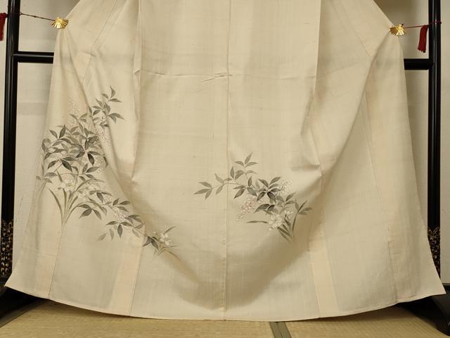 平和屋着物▽訪問着 単衣 紬地 手描き 草花文 正絹 逸品 AABC6987jd