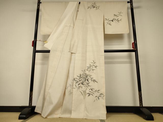 平和屋着物▽訪問着 単衣 紬地 手描き 草花文 正絹 逸品 AABC6987jd