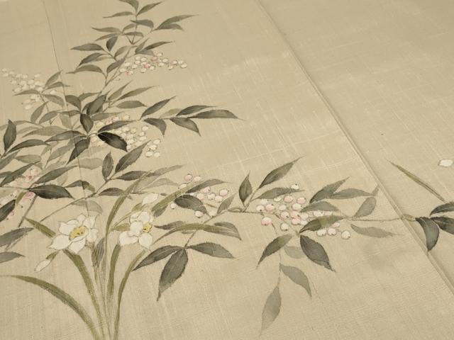 平和屋着物▽訪問着 単衣 紬地 手描き 草花文 正絹 逸品 AABC6987jd