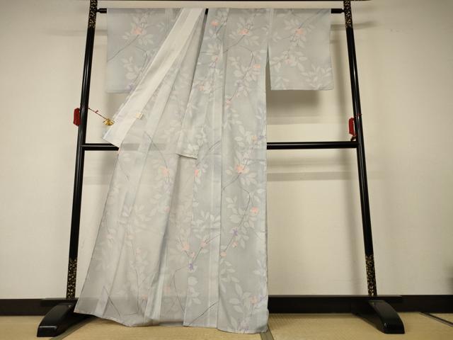 平和屋着物＊夏物 小紋 絽 枝花文 洗える着物 AABC6999jd