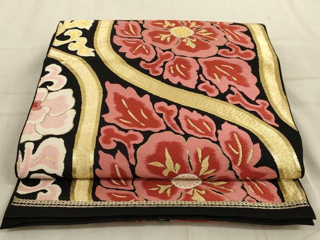 平和屋着物◎六通柄袋帯　唐織　立涌花文　黒地　金糸　正絹　逸品　AABC7002ou