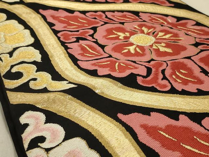 平和屋着物◎六通柄袋帯　唐織　立涌花文　黒地　金糸　正絹　逸品　AABC7002ou