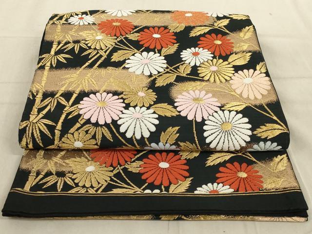 平和屋着物◎六通柄袋帯　笹竹草花文　黒地　金糸　正絹　逸品　AABC7003ou
