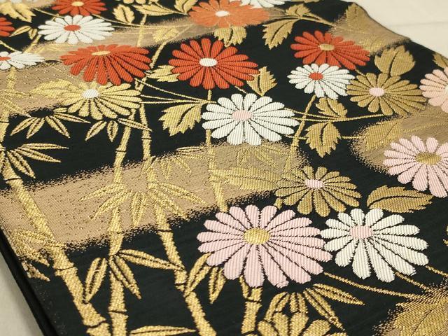 平和屋着物◎六通柄袋帯　笹竹草花文　黒地　金糸　正絹　逸品　AABC7003ou