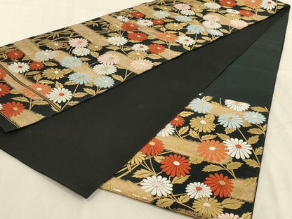 平和屋着物◎六通柄袋帯　笹竹草花文　黒地　金糸　正絹　逸品　AABC7003ou