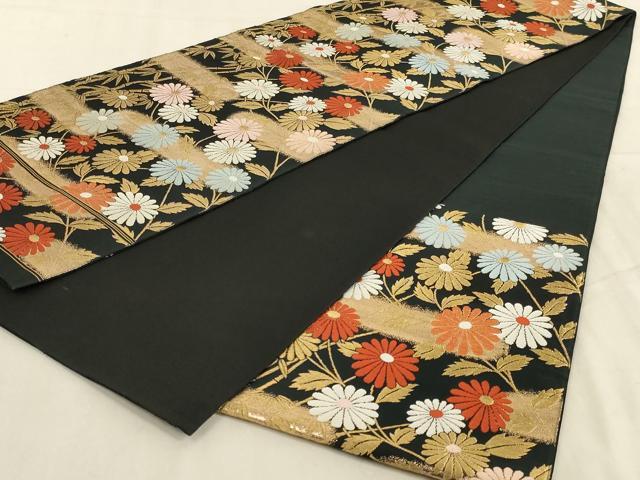 平和屋着物◎六通柄袋帯　笹竹草花文　黒地　金糸　正絹　逸品　AABC7003ou