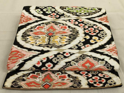 平和屋着物◎六通柄袋帯　更紗花文　黒地　金糸　正絹　逸品　AABC7006ou
