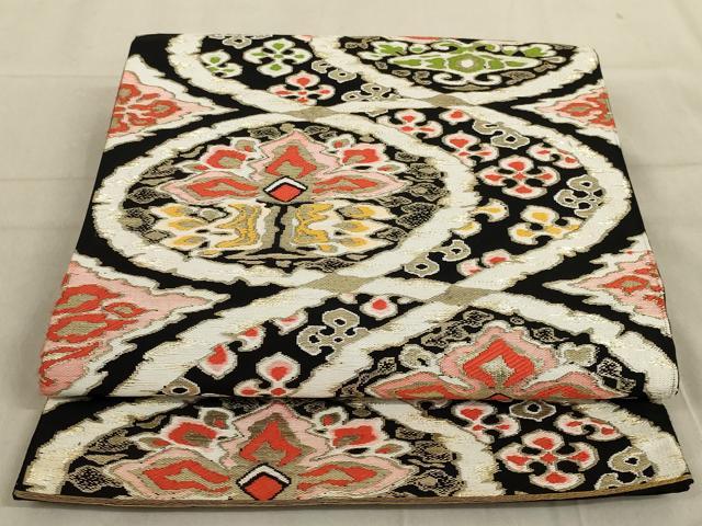 平和屋着物◎六通柄袋帯　更紗花文　黒地　金糸　正絹　逸品　AABC7006ou
