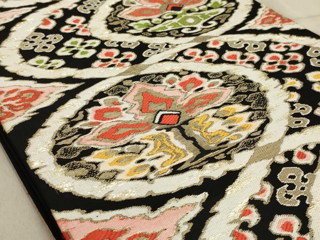 平和屋着物◎六通柄袋帯　更紗花文　黒地　金糸　正絹　逸品　AABC7006ou