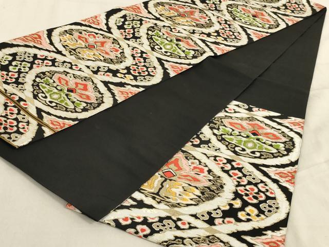 平和屋着物◎六通柄袋帯　更紗花文　黒地　金糸　正絹　逸品　AABC7006ou