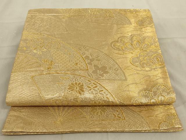 平和屋着物◎六通柄袋帯　扇面花文　金糸　正絹　逸品　AABC7019ou