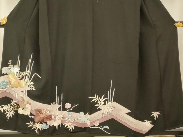 平和屋着物■豪華黒留袖　手描き　刺繍　松皮菱草花文　金彩　正絹　逸品　AABC7204fw