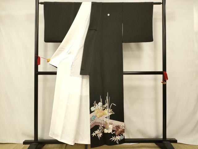 平和屋着物■豪華黒留袖　手描き　刺繍　松皮菱草花文　金彩　正絹　逸品　AABC7204fw
