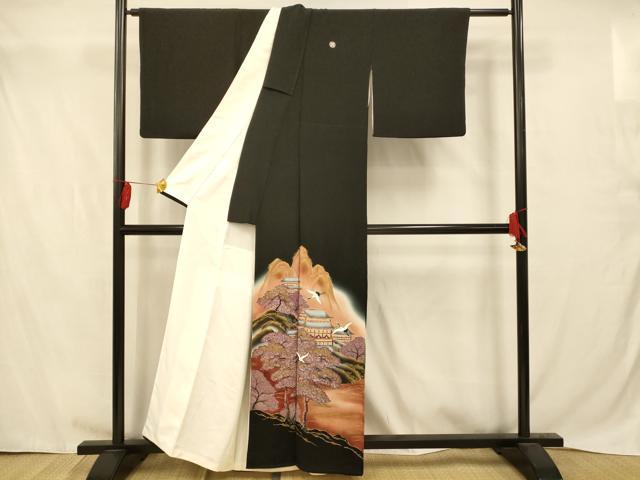 平和屋着物■豪華黒留袖　駒刺繍　飛鶴風景文　暈し染め　金彩　正絹　逸品　AABC7217fw