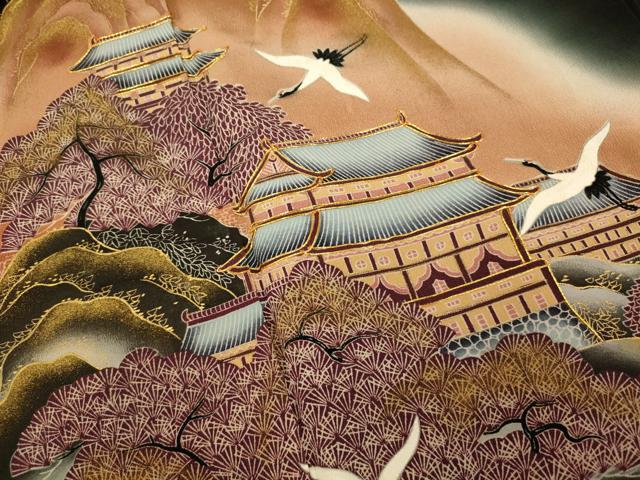 平和屋着物■豪華黒留袖　駒刺繍　飛鶴風景文　暈し染め　金彩　正絹　逸品　AABC7217fw