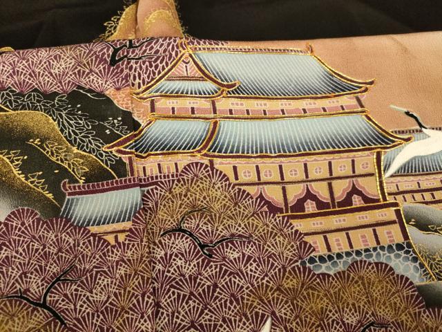 平和屋着物■豪華黒留袖　駒刺繍　飛鶴風景文　暈し染め　金彩　正絹　逸品　AABC7217fw