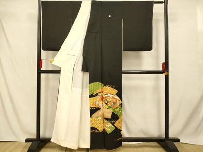 平和屋着物■豪華黒留袖　駒刺繍　地紙鳳凰草花文　金彩　正絹　逸品　AABC7237fw