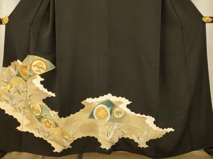 平和屋着物■豪華黒留袖　駒刺繍　花丸扇子文　暈し染め　金彩　正絹　逸品　AABC7240fw