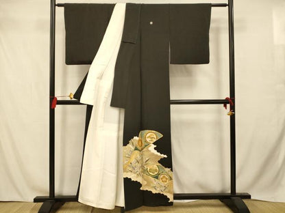平和屋着物■豪華黒留袖　駒刺繍　花丸扇子文　暈し染め　金彩　正絹　逸品　AABC7240fw