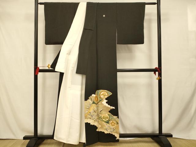 平和屋着物■豪華黒留袖　駒刺繍　花丸扇子文　暈し染め　金彩　正絹　逸品　AABC7240fw