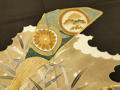 平和屋着物■豪華黒留袖　駒刺繍　花丸扇子文　暈し染め　金彩　正絹　逸品　AABC7240fw