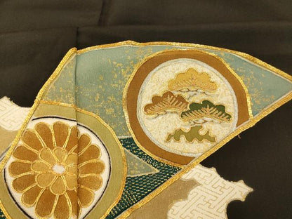 平和屋着物■豪華黒留袖　駒刺繍　花丸扇子文　暈し染め　金彩　正絹　逸品　AABC7240fw