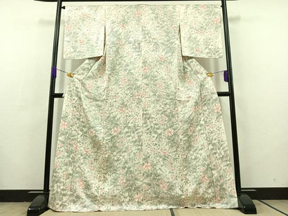平和屋着物▽上質な小紋 単衣 手描き 草花文 ロング丈 正絹 逸品 AABC7482jh