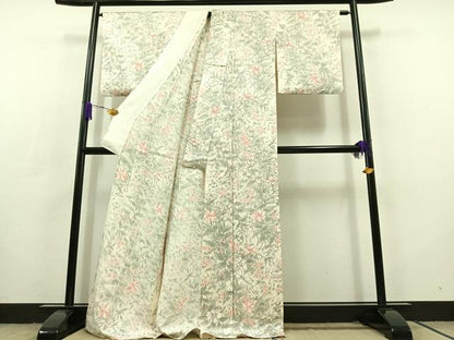 平和屋着物▽上質な小紋 単衣 手描き 草花文 ロング丈 正絹 逸品 AABC7482jh