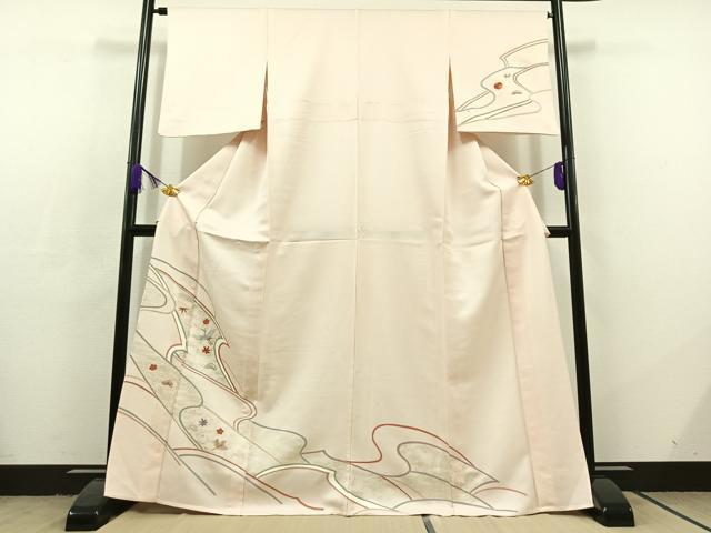 平和屋着物▽訪問着 単衣 刺繍 飛鶴松竹梅文 金糸 金彩 正絹 逸品 AABC7483jh