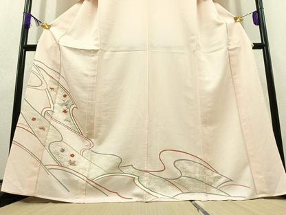 平和屋着物▽訪問着 単衣 刺繍 飛鶴松竹梅文 金糸 金彩 正絹 逸品 AABC7483jh