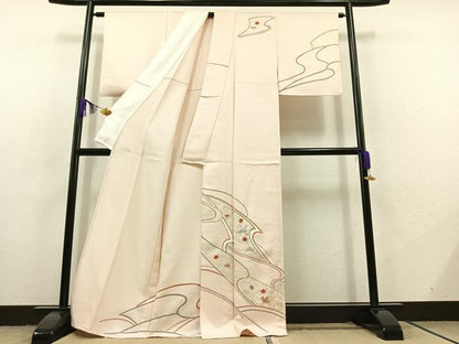平和屋着物▽訪問着 単衣 刺繍 飛鶴松竹梅文 金糸 金彩 正絹 逸品 AABC7483jh