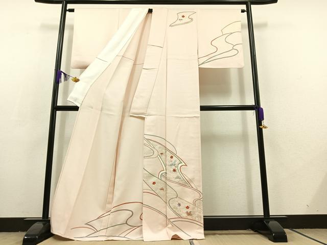 平和屋着物▽訪問着 単衣 刺繍 飛鶴松竹梅文 金糸 金彩 正絹 逸品 AABC7483jh