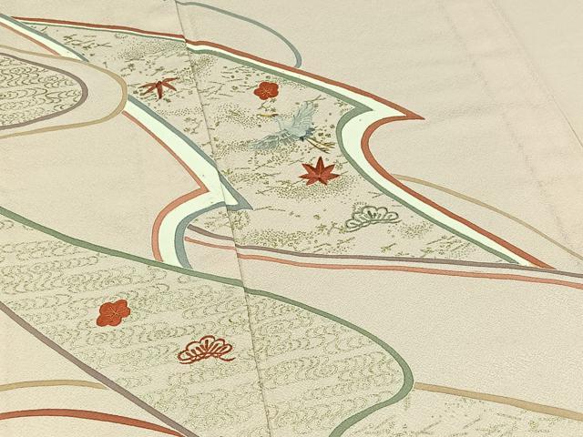 平和屋着物▽訪問着 単衣 刺繍 飛鶴松竹梅文 金糸 金彩 正絹 逸品 AABC7483jh