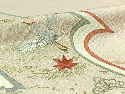 平和屋着物▽訪問着 単衣 刺繍 飛鶴松竹梅文 金糸 金彩 正絹 逸品 AABC7483jh