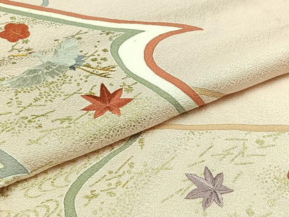 平和屋着物▽訪問着 単衣 刺繍 飛鶴松竹梅文 金糸 金彩 正絹 逸品 AABC7483jh