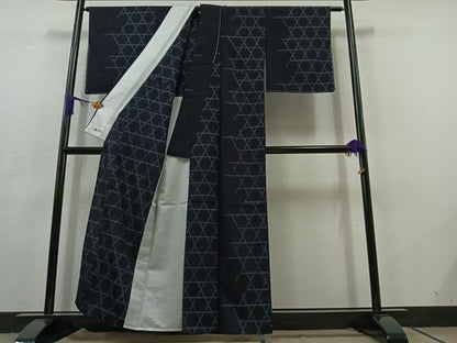 平和屋着物▽上質な紬 単衣 幾何学文様 やまと誂製 正絹 逸品 AABC7485jh