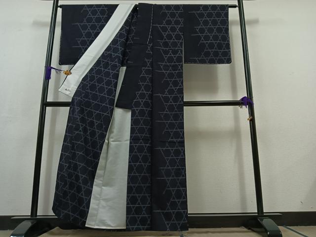 平和屋着物▽上質な紬 単衣 幾何学文様 やまと誂製 正絹 逸品 AABC7485jh