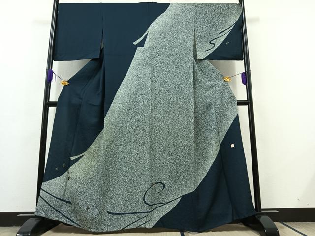 平和屋着物▽訪問着　単衣　作家物　刺繍　舞葉文　たたき染め　金糸　正絹　逸品　AABC7486jh 平和屋着物▽訪問着 単衣 作家物 刺繍 舞葉文 たたき染め