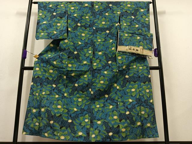 平和屋着物▽紘雅紬 単衣 草花文 反端付き 正絹 逸品 AABC7498jh