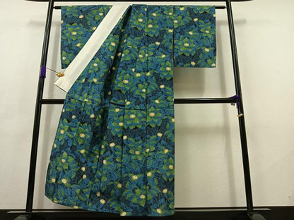 平和屋着物▽紘雅紬 単衣 草花文 反端付き 正絹 逸品 AABC7498jh